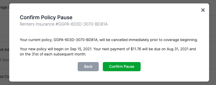 Screenshot of pause policy confirmation and details