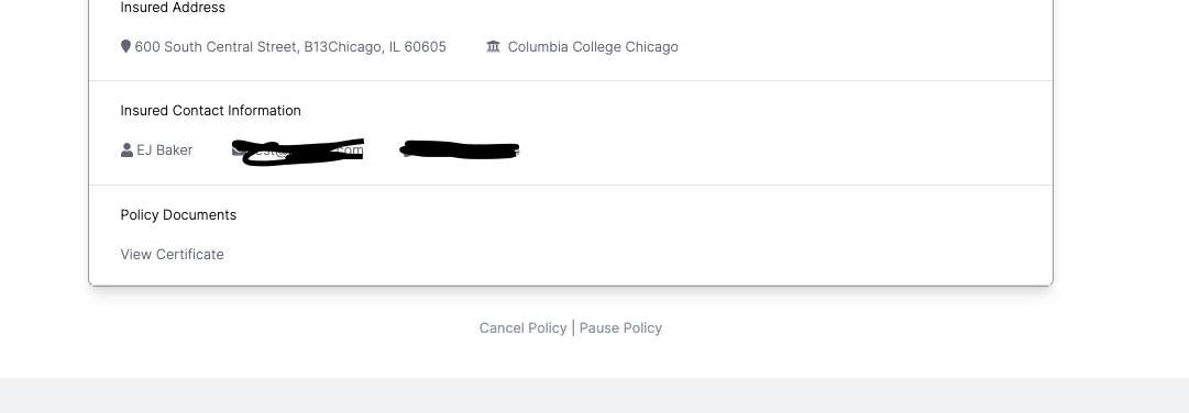 Screenshot of policy information including address and contact information, and option to cancel or pause policy