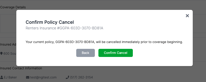 Screenshot of policy cancellation confirmation