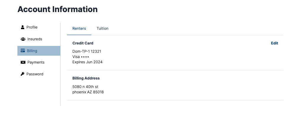 Screenshot of account info screen, highlighting Billing and displaying billing information including card details and billing address