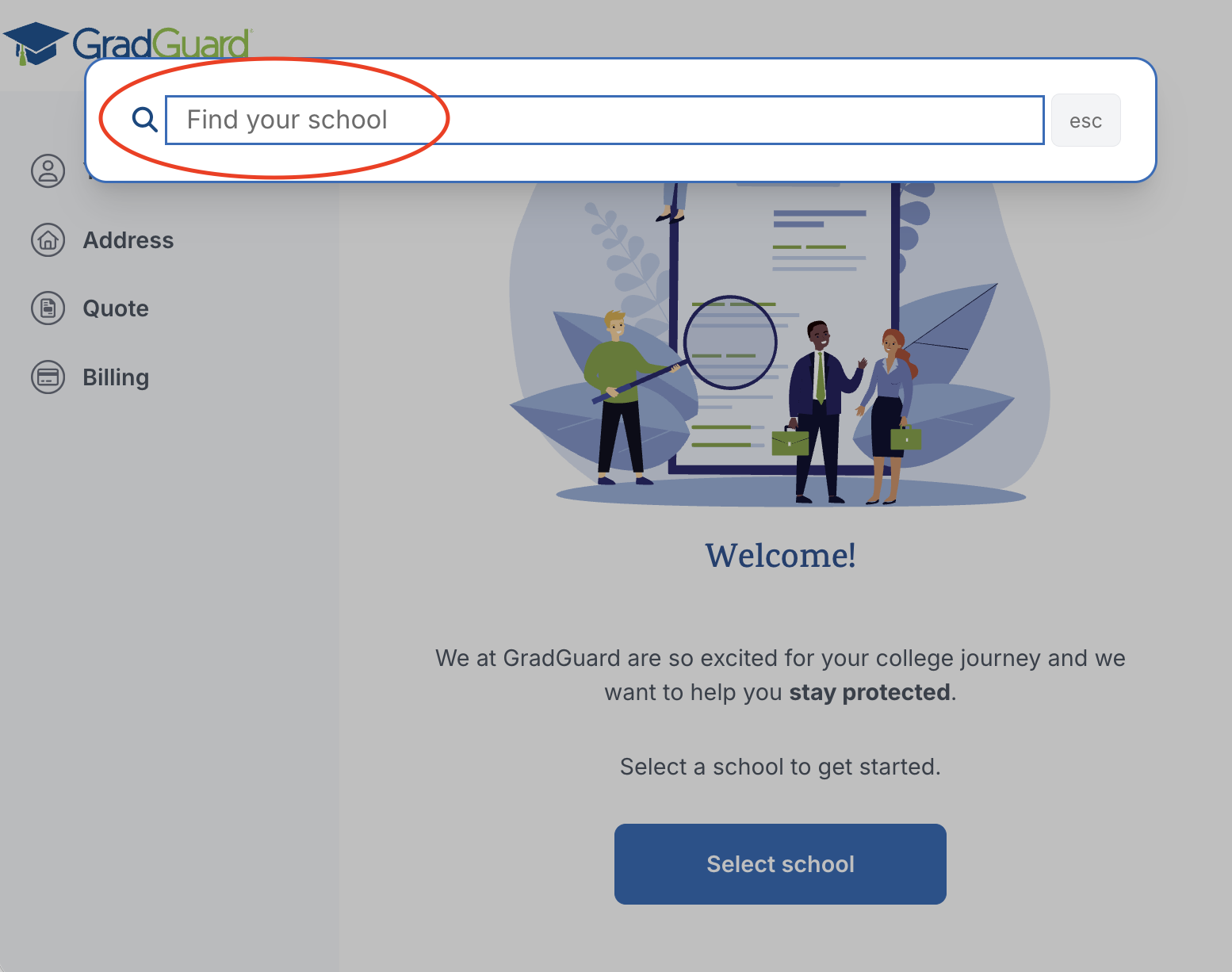 Screenshot of tuition quote page with text of 'Find your school' circled in red.