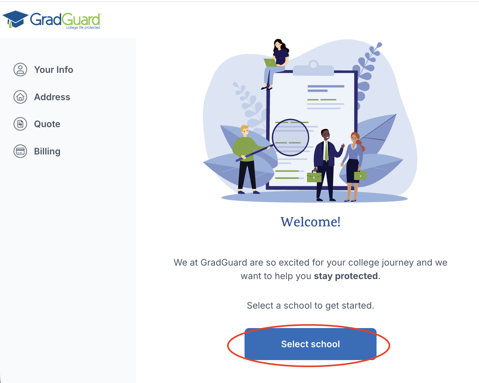 Screenshot of tuition quote page with text of 'Select School' circled in red.
