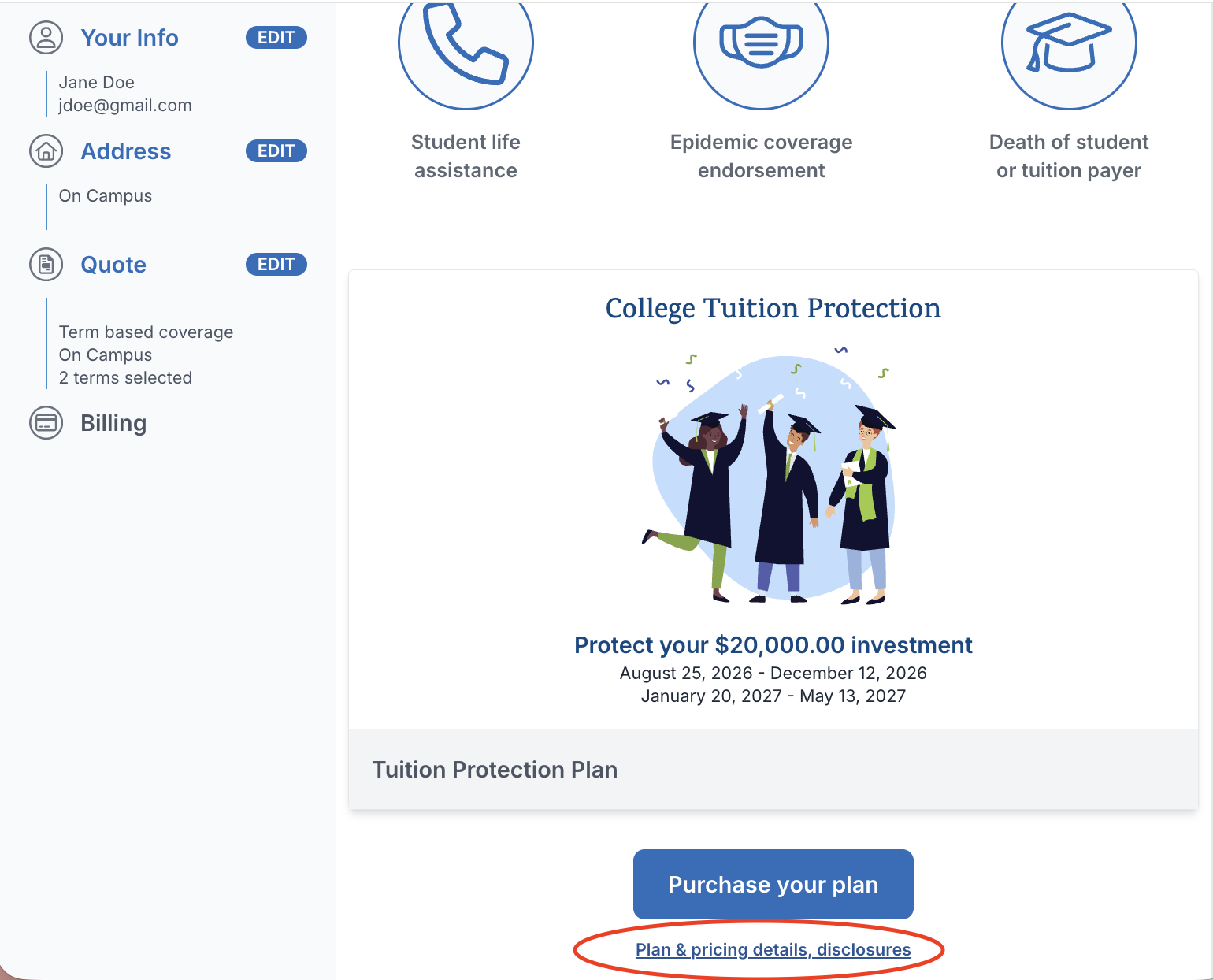 Screenshot of tuition quote page with text of 'Plan & pricing details, disclosers' circled in red.